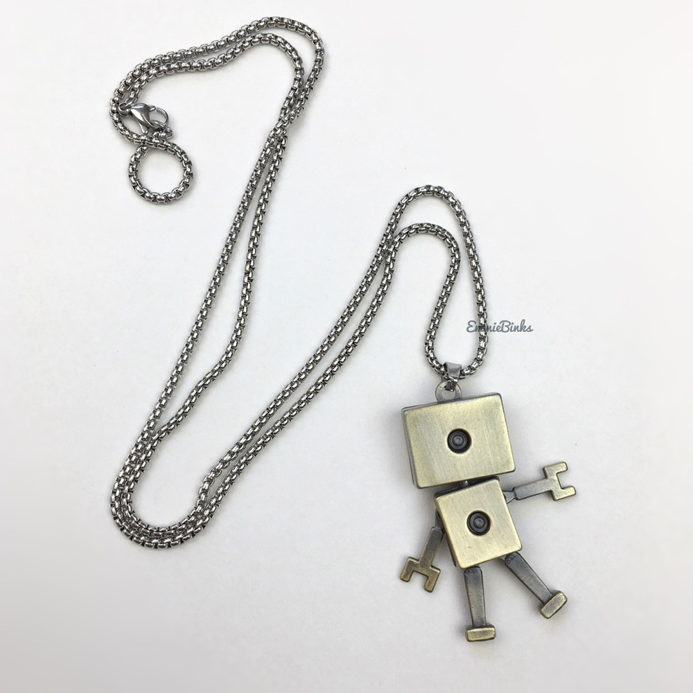 New Metal Robot 2 Sided Smaller Version Pendant Necklace, Stainless Steel - Picture 6 of 16